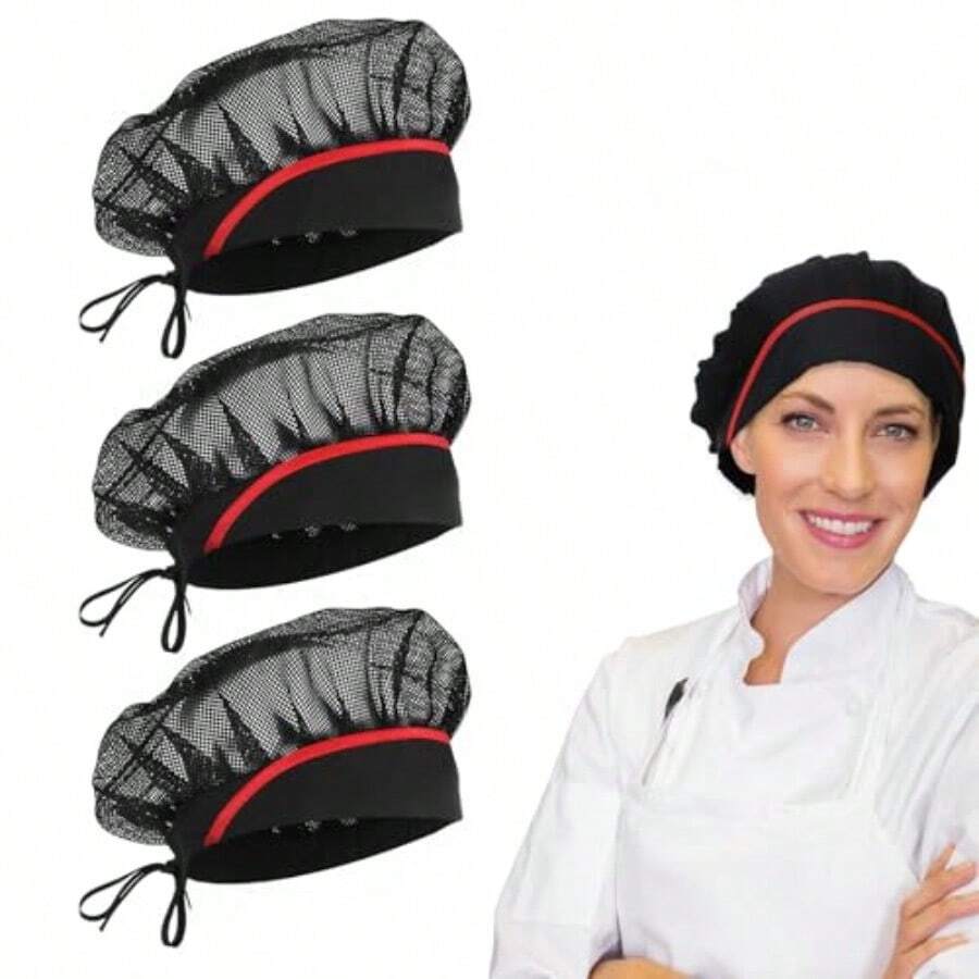 3 Piezas Gorro de Chef con Elástico, Gorro de Cocina para Mujeres en Servicio de Alimentos, Redecilla para el Cabello, Gorra de Malla Ajustable, Reutilizable y Lavable, Gorro de Chef para Mujeres - como en la foto - Ver 1