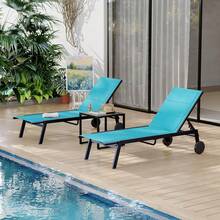 Juego de 3 sillas de salón para Exteriores con Ruedas, Respaldo Ajustable Junto a la Piscina, sillones de Patio con Mesa Auxiliar - Azul - Ver 8