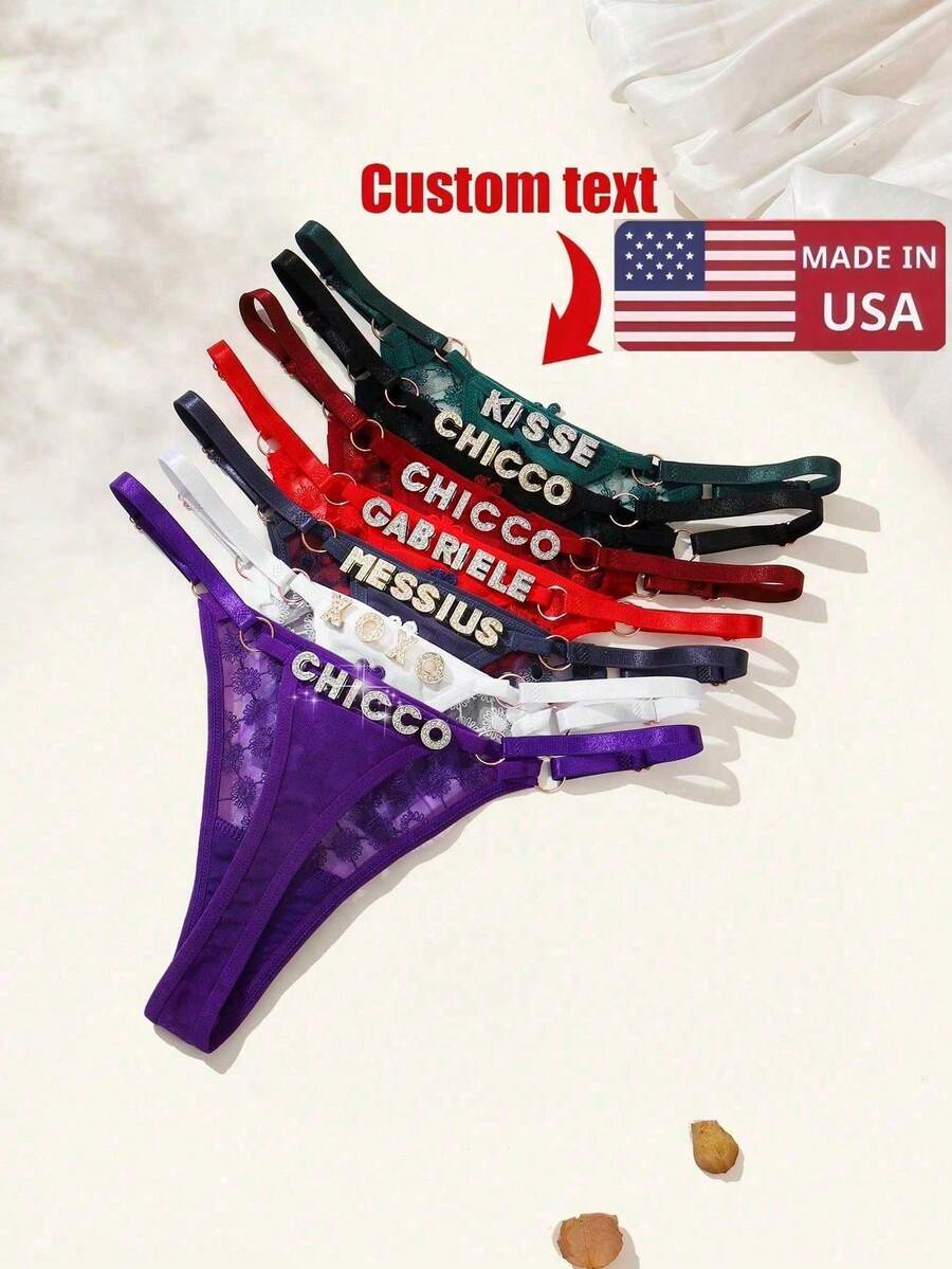 Personalized Thong With Rhinestone Words Funny Custom Thongs For Women Sexy Lace Underwear G-String Panties - Black - View 1