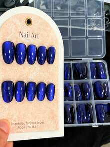 144片蓝宝石色磁性猫眼假指甲，方形短棺材形亮面可重复使用全覆盖指甲贴片，适合情人节、派对、婚礼、日常美甲用品 - 彩色 - 查看 5