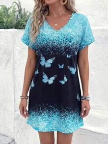 Vestido de mujer talla grande con cuello en V y manga corta con estampado brillante de mariposa - Vestido de verano casual y elegante para vacaciones - Azul claro - Ver 3