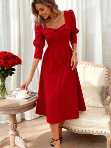 فستان أحمر للنساء، فستان أنيق فرنسي رومانسي مع عقدة على الخصر، مناسب للارتداء اليومي، المواعيد، المناسبات، العشاء الرسمي، رأس السنة، موسم الخريف/الشتاء