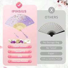 Folding Fan, Slik Folding Hand Fan With First Layer, With Storage Bag, Tassel, Cooling, Performances, Decorations, Gifts, Classic Ink Plum Gradient Pink - Hồng - Xem 3