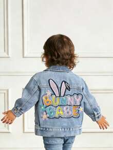 新款男女款婴幼儿蓝色牛仔长袖上衣，绣有英文字母，可爱休闲牛仔夹克 - 藍色 - 查看 3