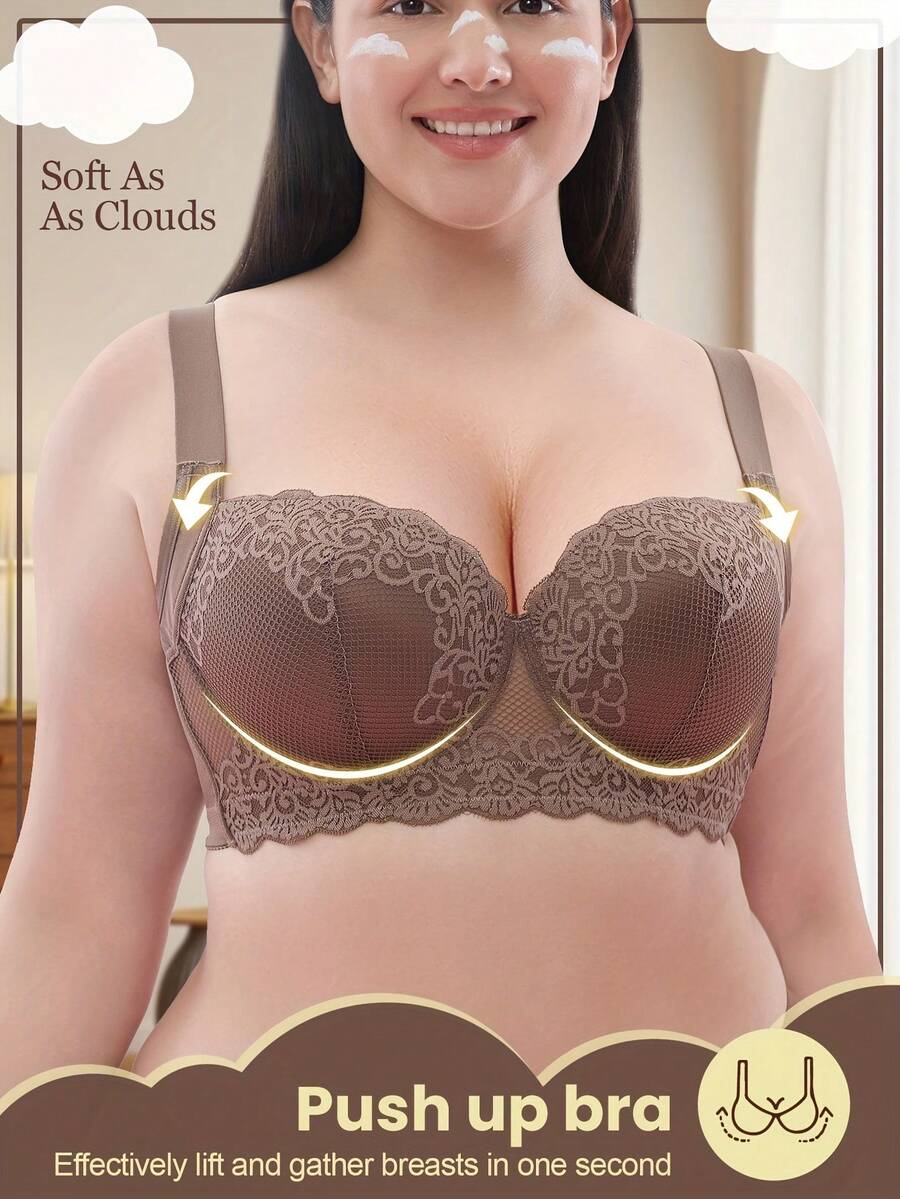 Sutien cu armătură din dantelă florală, mărime plus - bretele late confortabile, design cu acoperire completă, detalii delicate din dantelă, armătură care se ridică și modelează, perfect pentru femeile cu forme voluptuoase care caută eleganță și susținere pe tot parcursul zilei.