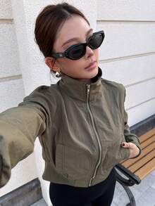 Women's Fitted Zip-Up Stand Collar Short Jacket, Sports Yoga Outerwear With Pockets, Casual Everyday Wear - Army Green - View 2