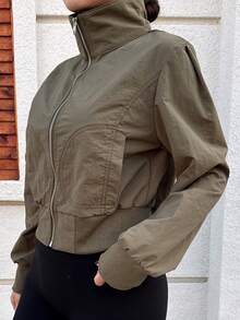 Women's Fitted Zip-Up Stand Collar Short Jacket, Sports Yoga Outerwear With Pockets, Casual Everyday Wear - Army Green - View 3