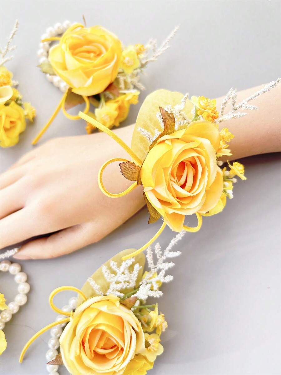 1/6 bông hoa hồng lụa nhân tạo cài áo, bó hoa cầm tay cho phù dâu, trang trí hoa cưới tự làm cho tiệc tùng. - Màu vàng - Xem 1