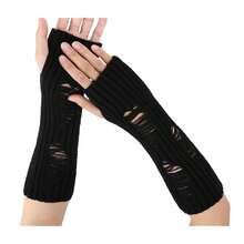 Mrotrida Women's Punk Fingerless Glove Cosplay Ripped Gloves For Halloween Costume Party 1Pair,RippedKnittedBlack - 破洞針織黑色 - 查看 3