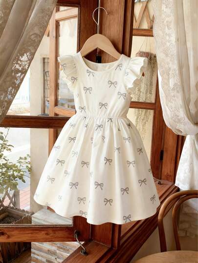 Girls Ivory White Elegant Cute Butterfly Print Princess Dress, Cap Sleeve Round Neck Dress, Spring/Summer