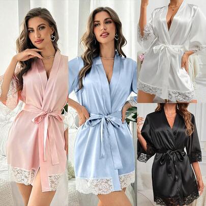 3pcs Or 1pc Women's Solid Color Lace-Trimmed Bathrobe With Fleece Trim, A Bridesmaid Gift, Mid-Length Lace-Trimmed Casual Bathrobe With Mid-Length Sleeves, Suitable For Home, Bathroom, Parties, Birthdays, And Valentine's Day Gifts.