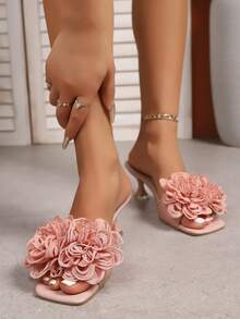 Sandálias de Salto Alto Stiletto de Bico Quadrado Francês para Mulheres, Versáteis para Vestidos de Verão e Roupas de Praia - Rosa chiclete - Visão 4