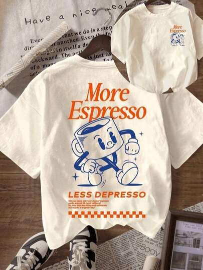 El estampado muestra una divertida taza de café animada que simboliza energía positiva y ánimo frente al cansancio diario camiseta para mujer 100% algodón casual y cómoda para uso diario