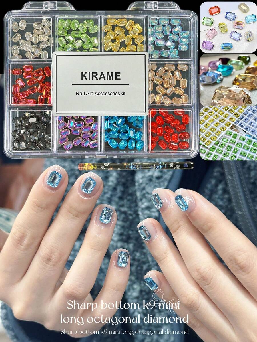 KIRAME 240颗12色4x6mm长方形尖底水钻套装 | 含点钻笔，高光泽K9玻璃美甲宝石，适合DIY、美甲沙龙、美甲师 | 圣诞节、新年、情人节美甲及礼品创意