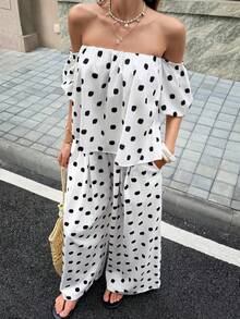 Look Polly 女士夏季弹力单肩设计上衣，口袋设计长裤，波点面料性感休闲宽松两件套，适合约会、度假、海滩、旅行、郊游、生日等场合，白色 - 白色 - 查看 9