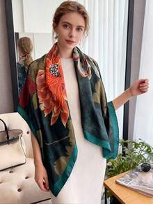 1pc Elegant Women's Floral Print 90cm Satin Square Scarf, Ladies Bandana Suitable For Casual And Fashionable Street Outings, Headband, Outdoor Wind/Sun Protection Shawl, Perfect For Accessorizing Your Look
