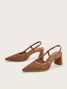 Handwoven Hollow-Out Ankle Strap Chunky Heel Party Sandals, Minimalist & Elegant - Brown - View 2