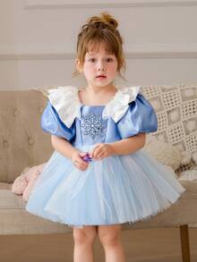 Baby Girls' Light Blue Frozen Puff Sleeve Party Dress, Elegant Princess Gown Suitable For Baby's 1st Birthday, Party, Wedding, Holiday Celebration - Baby Blue - View 7