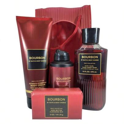 NEW Bourbon Gift Bag Set Body Cream Shower Gel Body Spray Andamp; Bar Soap