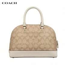 Coach Signature 皮革系列貝殼包，易清潔手提包，PVC 經典標誌塗層帆布單肩包，經典百搭女款斜挎包 - 貝殼卡其配白F27583-IMDQC - 查看 3
