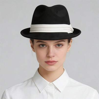 Men Women Felt Fedora Hat Stylish Decorative Band Design Panama Hat Wide Brim Jazz Cap