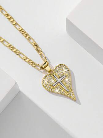 1pc Classic European Style Copper Inlaid Zirconia Heart & Cross Pendant Necklace, Limited Edition Protective Light, Suitable For Christmas/Thanksgiving/Halloween/Mother's/Valentine's Day Gifts For Couples/Friends/Godparents, Catholic First Communion, Gifts, Daily & Holiday Wear Prayer