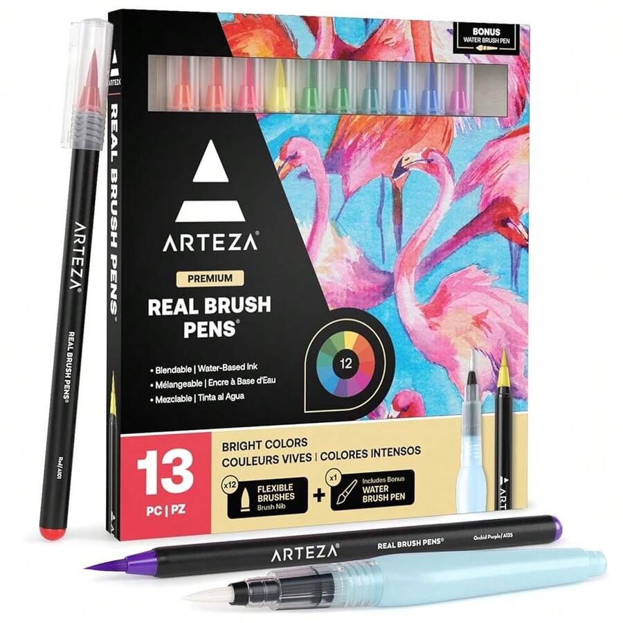 Real Brush Pens, Set Of 12, Bright Tones, Blendable Watercolor Markers And 1 Water Brush, Art Supplies For Schoolsss, Home, And Office - 明亮的色彩 - 查看 1