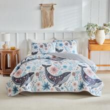 3pcs King Size Duvet Cover Set With Pillowcase, Lightweight & Soft Quilted Bedspread With Whale Digital Print, All Season Bedding For Spring & Summer - Multicolor - View 4