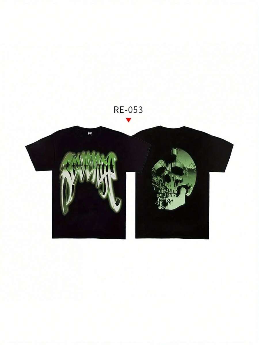 2025 Revenge Streetwear Essential- Vintage Smoke Skull Graphic Couple's Tee In American Cut Short Sleeve Fit - 黑色 - 查看 1