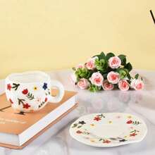Ceramic Coffee Mug With Saucer Set, Cute Creative Cup Unique Irregular Design For Office And Home, Dishwasher And Microwave , 10 Oz/300 Ml For Latte Tea Milk (Red Heart) - 白花 - 查看 7