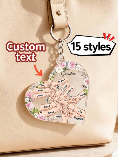 1 pieza Llavero acrílico personalizado con forma de corazón, llavero personalizado con nombre para abuela/abuela, colgante con diseño de manos entrelazadas con múltiples nombres de nietos, llavero conmemorativo con ilustración de flores, regalo para el Día de la Madre, cumpleaños y Acción de Gracias, adecuado para miembros de la familia abuela/abuela/madre, se puede usar para mochilas, llaves de coche, regalos personalizados para la familia