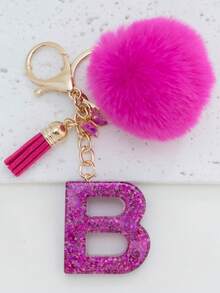 Shiny Letter Keychain Fluffy Tassel Keyring - Fashionable Bag And Car Key Accessories Ideal As Bridal Shower Wedding And Birthday Gifts Charming Wallet Pendant Women Fashion Keychain Y2K - Hot Pink - View 20