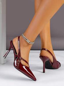 Women's High Heel Pointed Toe Fashion Thin Strap Buckle Backstrap Open Heel Pumps - Burgundy - View 2