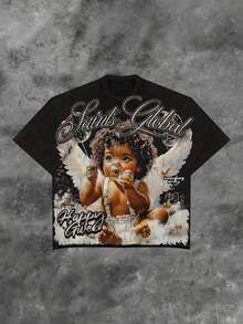 Angel Graphic Saints Global Dreamy Black T - Shirt,Comfortable Casual Short Sleeve, 220 Grams Heavyweight Cotton Printed T-Shirt,Suitable For Daily Wear And Gifts - 黑色 - 查看 1