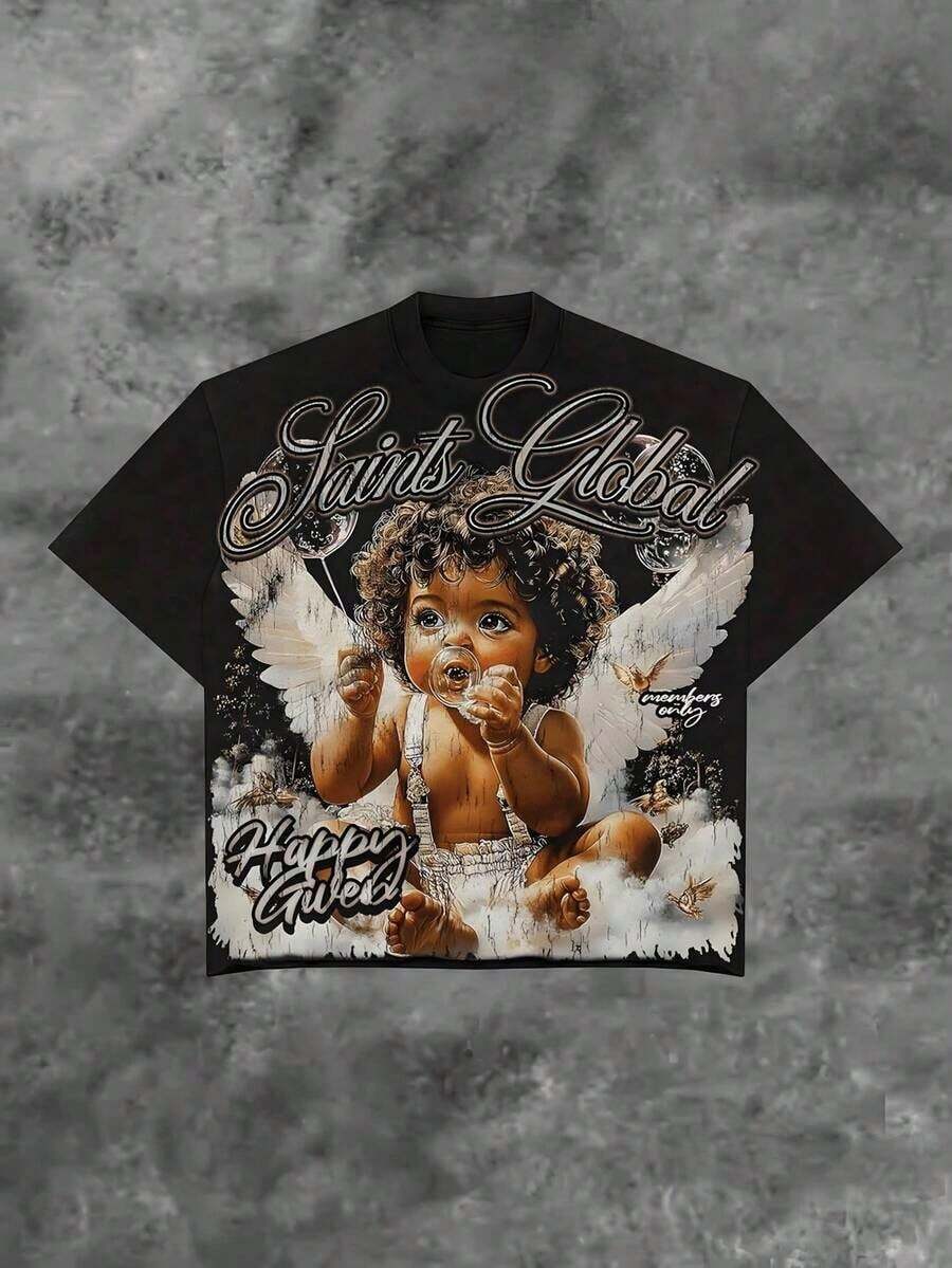 Angel Graphic Saints Global Dreamy Black T - Shirt,Comfortable Casual Short Sleeve, 220 Grams Heavyweight Cotton Printed T-Shirt,Suitable For Daily Wear And Gifts - 黑色 - 查看 1