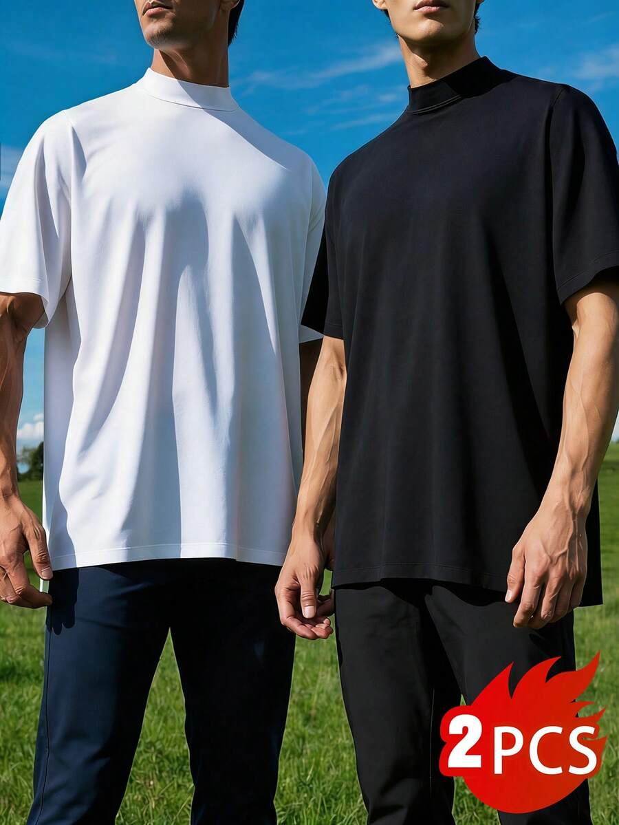 2件装男士宽松薄款半高领短袖T恤，日常基本款 - 彩色 - 查看 1