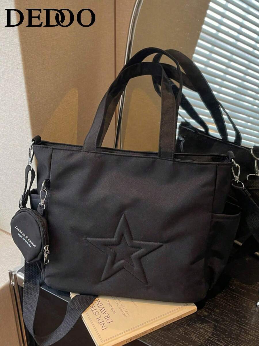 Dedoo 新款时尚休闲帆布星形图案手提包，带零钱包，女士办公包 - 黑色 - 查看 1