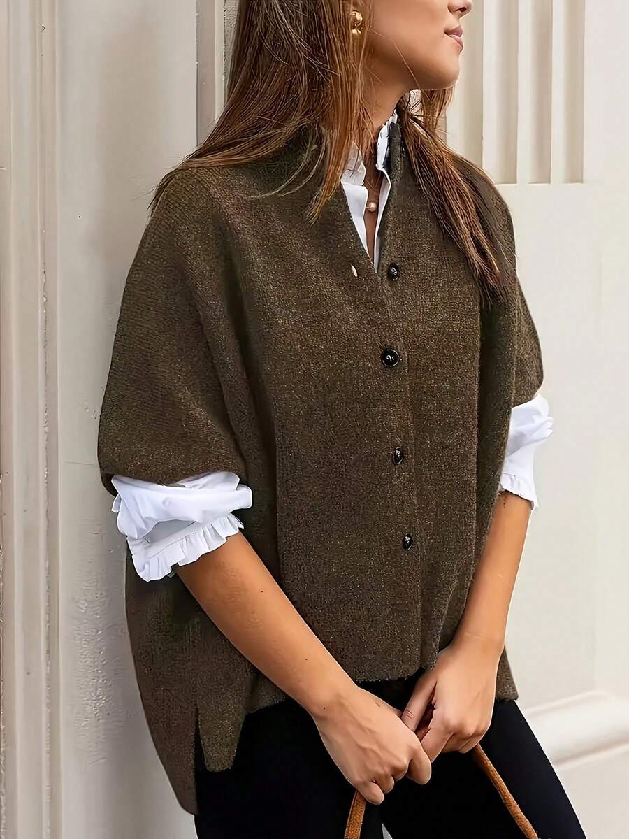 Cardigan tricoté élégant et décontracté pour femmes, de couleur unie, col rond, manches courtes, modèle croisé, style minimaliste chic pour le travail. Ample, tenue de rue pour femmes - Marron - Voir 1