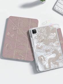 可爱龙元素亚克力双面透明水晶后盖翻盖保护套，单件装，卡通龙图腾与云朵图案，防震，兼容iPad 7、8和10代（10.2英寸）。内置笔槽，支持睡眠/唤醒功能。是生日或春季礼物的理想之选。 - 彩色 - 查看 2
