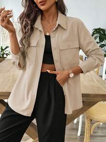 A&DD MODA, REF: AS1933 - Women's Long-Sleeved Shirt-Style Jacket, Solid Color, Casual Mid-Length, Suitable For Everyday Wear And Work. - Màu be - Xem 5