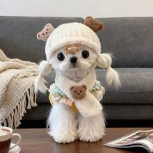 Set de 2 piezas Sombrero + Bufanda para Mascotas, Sombrero de Mascota de Peluche con Diseño de Oso de Dibujos Animados, Bufanda de Mascota con Diseño de Oso de Dibujos Animados, Adecuado para Perros Pequeños en Otoño/Invierno - Multicolor - Ver 5