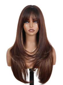 26英寸深棕色刘海假发，长款深棕色耐热合成纤维多层假发，适合日常佩戴和派对场合 - 彩色 - 查看 16