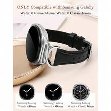 Minyee Leather Band Compatible With Samsung Galaxy Watch 8 40mm 44mm/ 8 Classic 46mm Bands, No Gap One-Click Slim Thin Dressy Leather Strap With C-Shape Metal Buckle Women, NOT For Other Models,Black/Silver - 黑色/銀色 - 查看 3