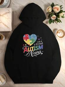 1pc Women-S Plus Size Casual Hoodie With I-M A Proud  Nana Heart Puzzle Graphic, Longeeve, Regular Length, Polyester Knit Fabric, AutumnWinter Collection - 黑色15 - 查看 1