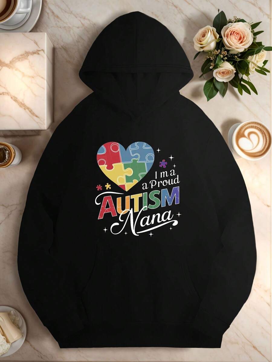 1pc Women-S Plus Size Casual Hoodie With I-M A Proud Nana Heart Puzzle Graphic, Longeeve, Regular Length, Polyester Knit Fabric, AutumnWinter Collection - 黑色15 - 查看 1