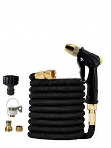 FLOWERS SPRAL 花园软管套装，高品质可伸缩水管带喷嘴，轻便柔韧橡胶软管带金属接头，适用于浇水、洗车、冲厕、农业灌溉 - 黑色 - 查看 15