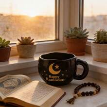 1/2pcs 285ml/9.5oz Ramadan Mubarak Ceramic Coffee Mugs, Handmade Asymmetrical Porcelain Tea Cups With Gold Star And Moon Pattern, Adorable Ramadan Drinkware For Coffee, Tea, Juice, Perfect For Ramadan/Eid Party Decor And Gifts - Multicolor - View 6