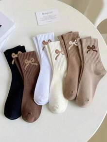6 Pairs Children's Solid Color Bow Decor Casual Mid-Calf Socks - Multicolor - View 6