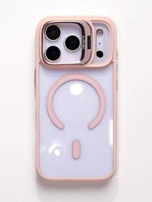 1 pieza Funda de teléfono magnética de lujo con marco de lente + cordón corto, compatible con iPhone 17 Pro Max 16 15 14 13 12 Pro Max Plus, admite carga inalámbrica, funda protectora transparente a prueba de golpes con vidrio de lente - Rosa - Ver 2