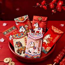 6pcs 2026 Horse Year Spring Festival Creative Embroidered 3D Style Personalized Red Envelopes Chinese New Year Lucky Money Packets For Holiday Celebrations Gifts - 彩色 - 查看 2